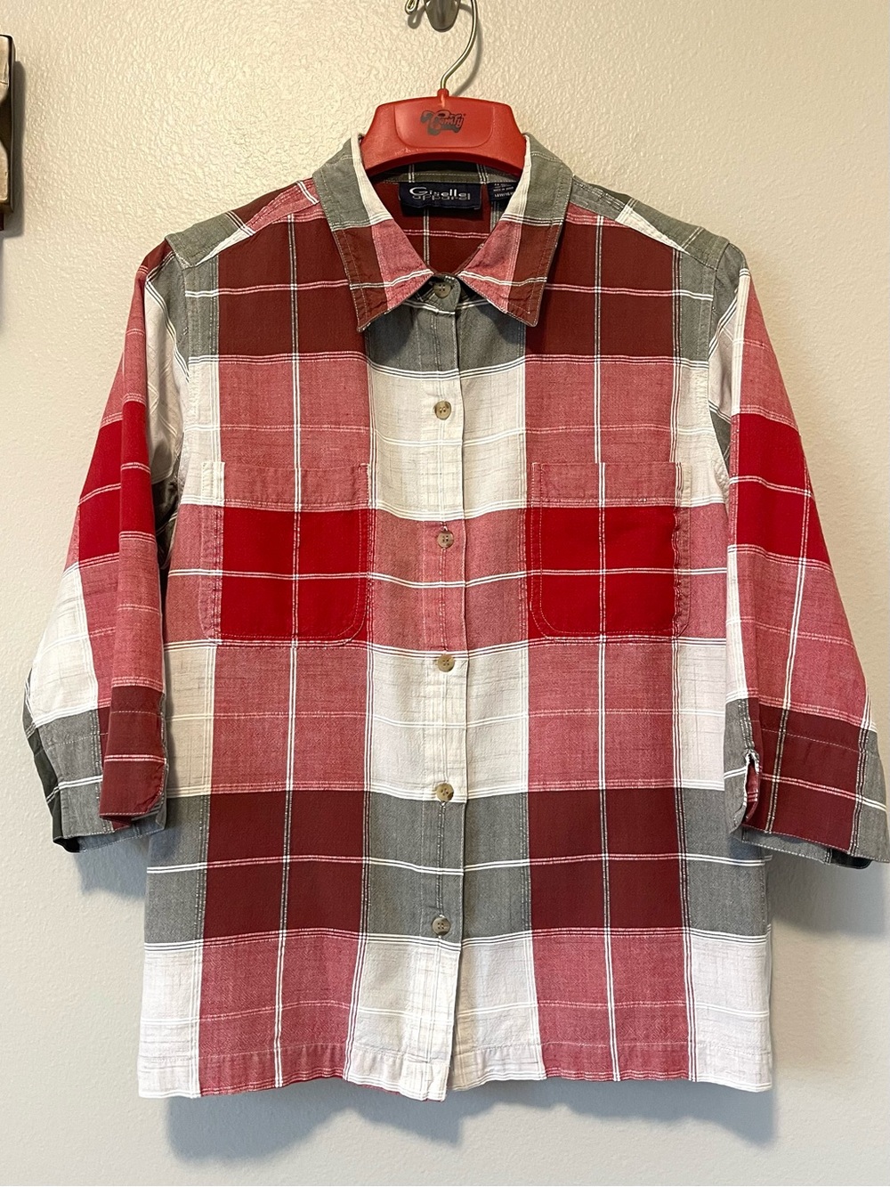 Giselle Apparel Plaid Camp Shirt - 3/4 Sleeve & 100% Cotton - Size 14/16W